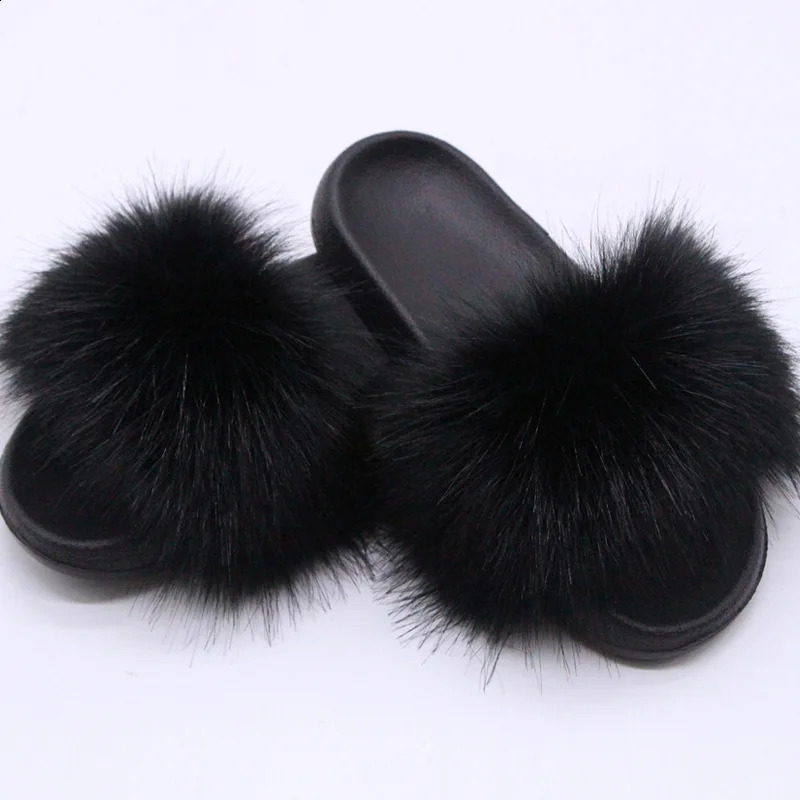 Women's Faux Fox Fur Slides Fluffy Open Toe Slippers Indoor Outdoor Casual Flat Sandals Furry Slide Shoes for Ladies 261017