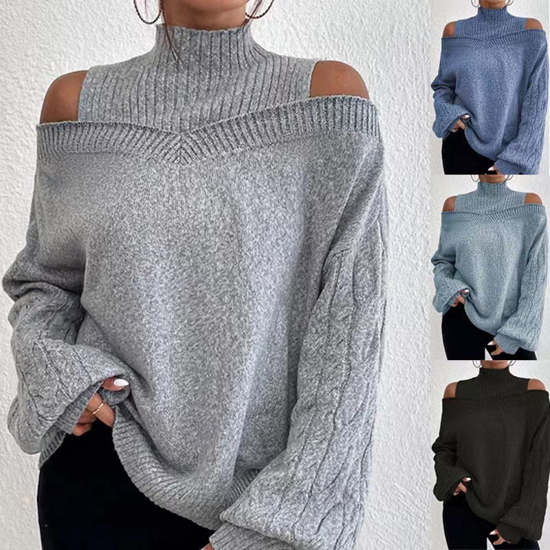2026 Autumn/winter New Series European And American Style Women's Off Shoulder Sweater Loose Half High Collar Lantern Sleeve Knitted Sweater