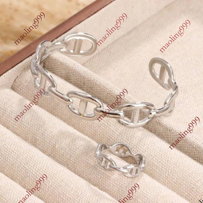 Ensemble de nez de cochon plaqué or 18 carats, bracelet de créateur en acier titane, anneau irrégulier en forme de C, bracelet ouvert vintage, bi