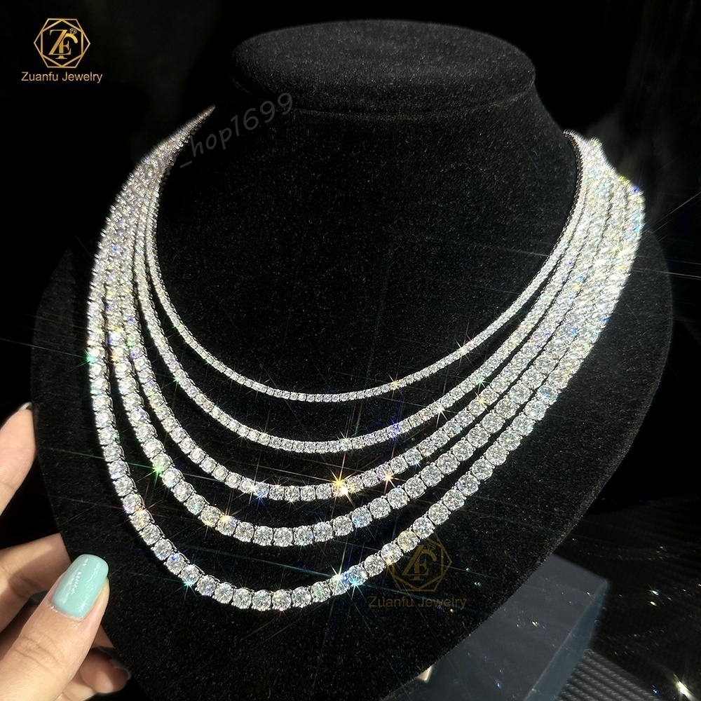 D Color VVS Lab Grown Moissanite Tennis Chain 2mm/3mm/4mm Hip Hop Necklace 925 Sterling Silver Rhodium Plated