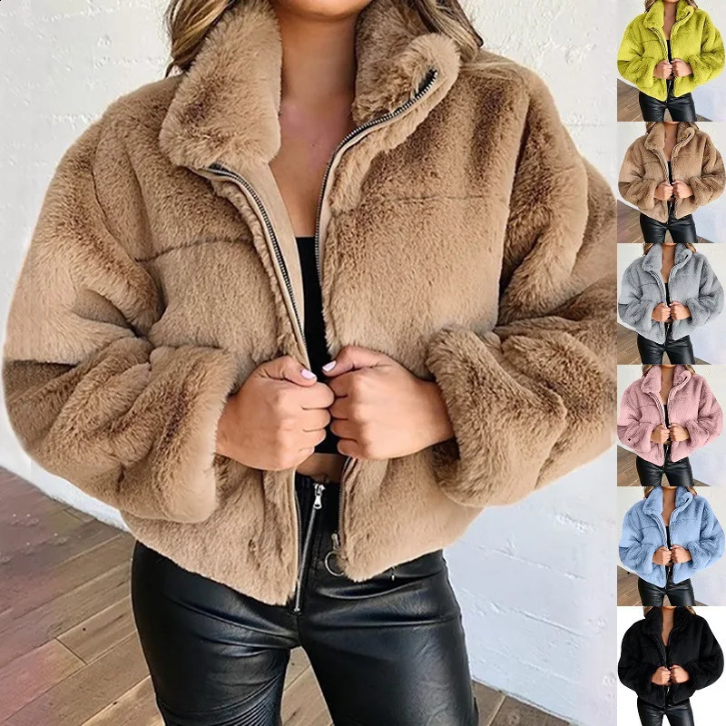 Winter Womens Warm Jacket Zipper Cardigan Faux Fur Fashion Long Sleeve Stand Collar Plush Coat for Female 261017