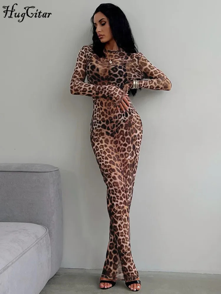 Hugcitar Leopard Print Mesh Long Sleeve Sexy Slim See Through Maxi Dress Fall Women Fashion Outfits Beach Vacation Club 261013