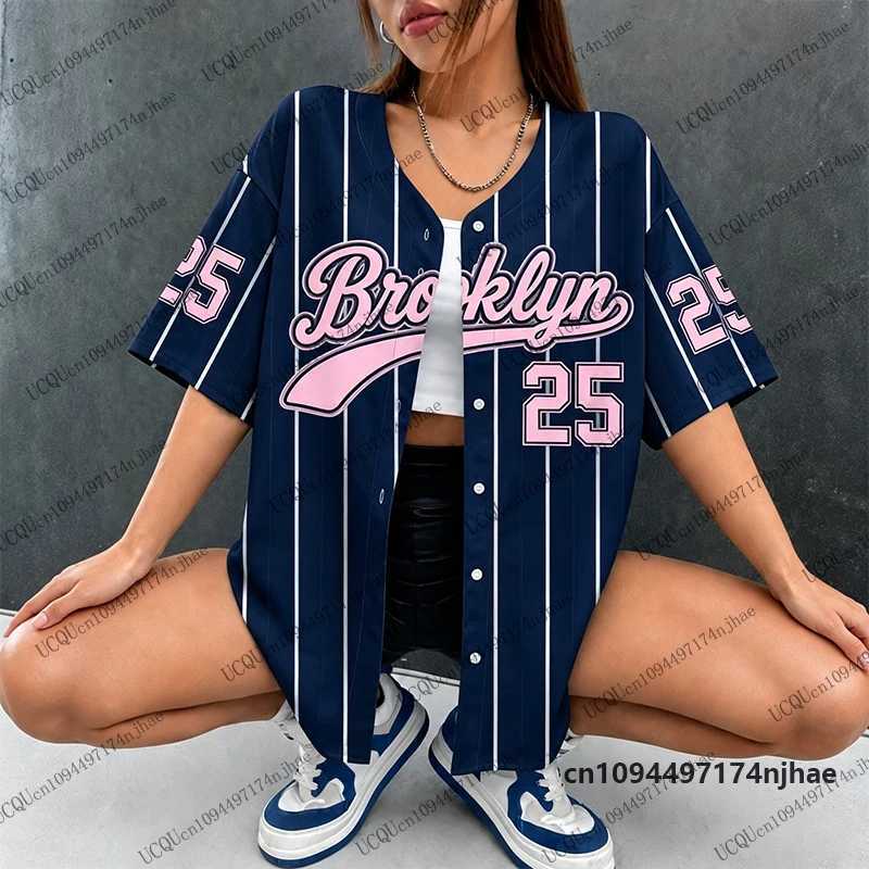 New Summer Men's Black T-Shirts Brooklyn No.25 Stripe Print Streetwear Baseball Shirt For Women Men Hip Hop Blouse Short Sleeve Button Up TopsW
