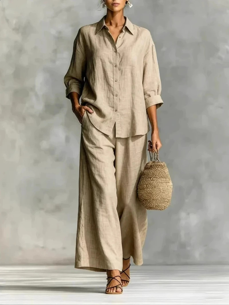 Plus Size Women's Casual Two Piece Set 7Sleeve Shirt Wide Leg Pants Comfortable Office Commute Matching 261013