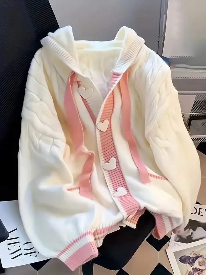 Collegestyle loosefit hooded open cardigan fashionable knitwear jacket for women suitable wearing in spring and autumn 261016