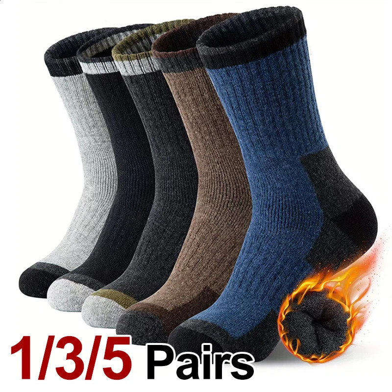 135 Pairs AutumnWinter Men Thick Wool Socks Comfortable Warm Cashmere Outdoor Running Mountaineering Color Block Sports 261017