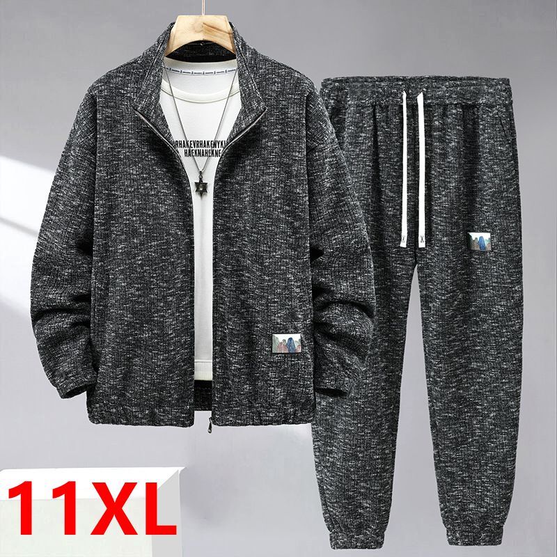 10XL 11XL Fall Winter arrivals Men's thickened plus size knit sweater stand collar pants set trendy sportswear for big men 170kg