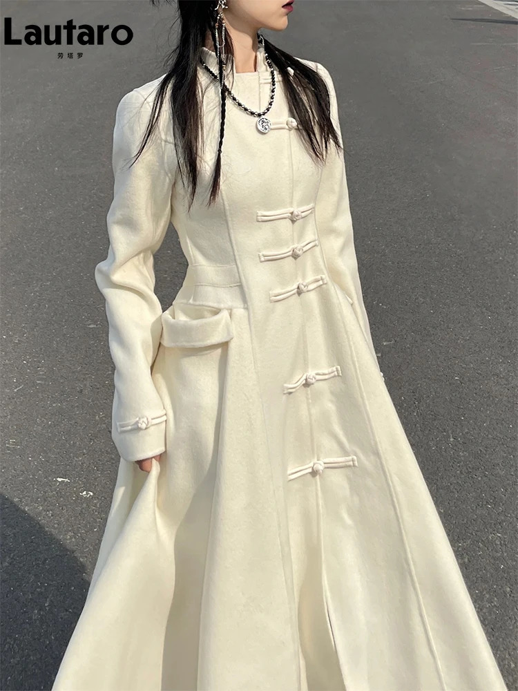 LautaroBeige Soft Wool Trench Coats for Women Long Fit and Flare Runway Chinese Style Fashion y ner Clothes 261010