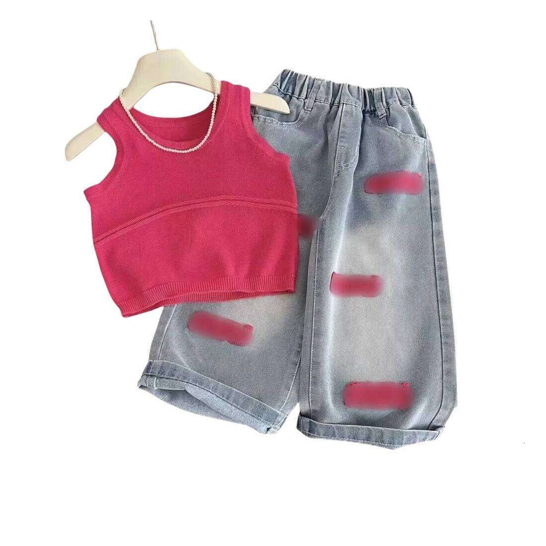 Boys Clothing Set Girls Denim baby 2pcs Sets Kids Peach Knitting Tank Tops With Letter Applique Jeans 2Pcs Summer Children Casual Outfits Toddl