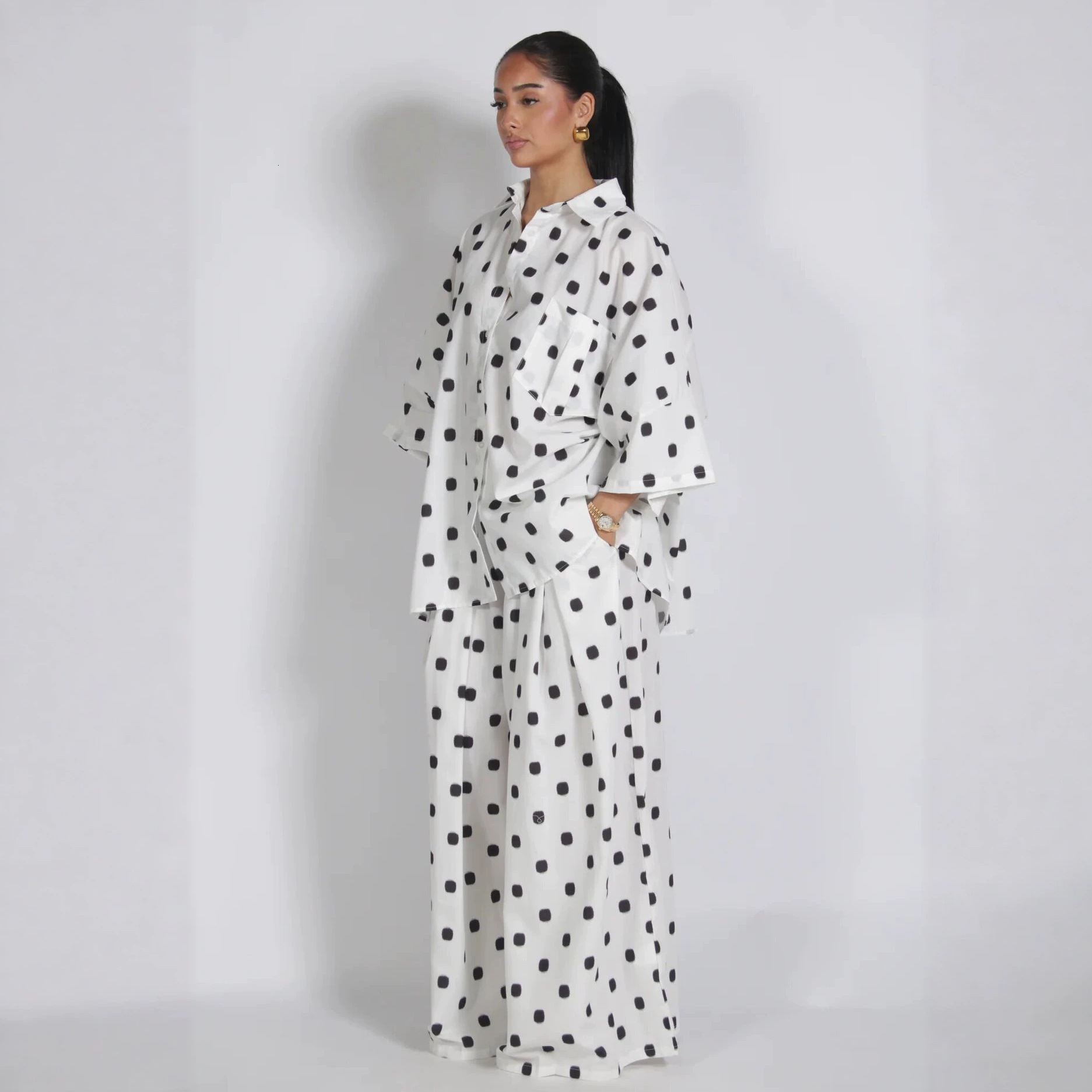 Women Plus Size Two Piece Outfit Vintage Polka Dot Loose Shirt & Wide Leg Long Pants European Fashion Casual Set