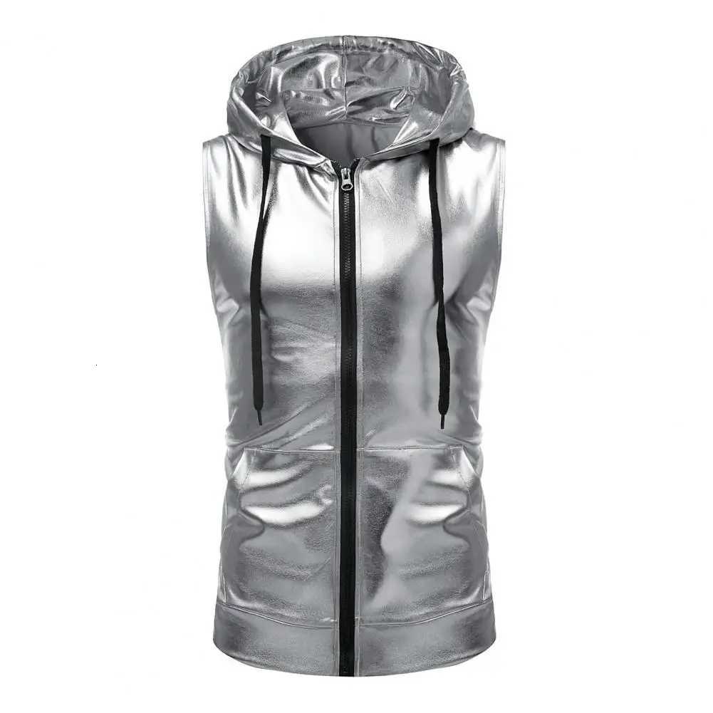Hooded Men's Vests Men Vest Drawstring Sleeveless Waistcoat with Pockets Shiny Solid Color Zipper Closure Vest Coat StreetwearW261017