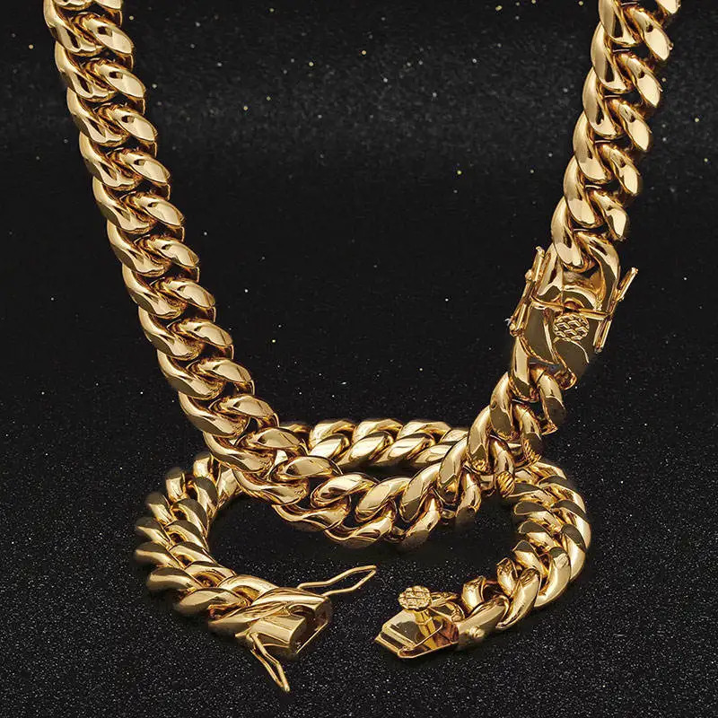 Mens Heavy Miami Cuban Link Chain Choker 18k Gold Plated Hip Hop Thick Stainless Steel 8mm-14mm Necklace/Bracelet
