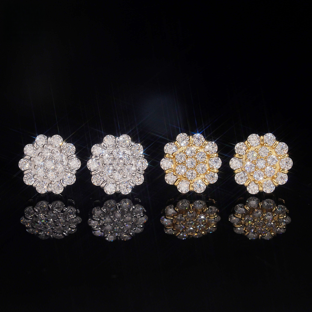 11mm luxurious high-quality floral earrings, S925 silver fully inlaid with moissanite, passes testing, suitable for men and women