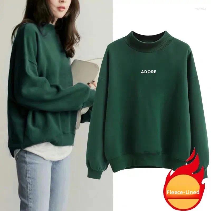 Women's Fleece-Lined Hoodie Loose Fit High Neck Letter Print Top Korean Style Autumn Winter Arrival Student Fashion