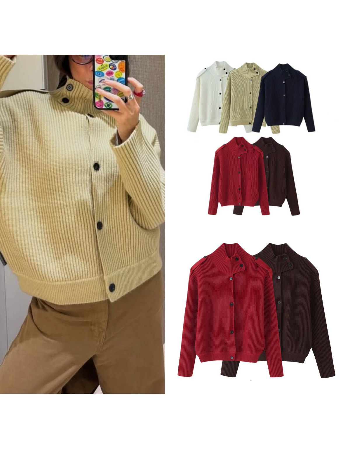 New French-style women's clothing for export, featuring British-inspired, high-end design with single-breasted, multi-button, high-neck knit ca