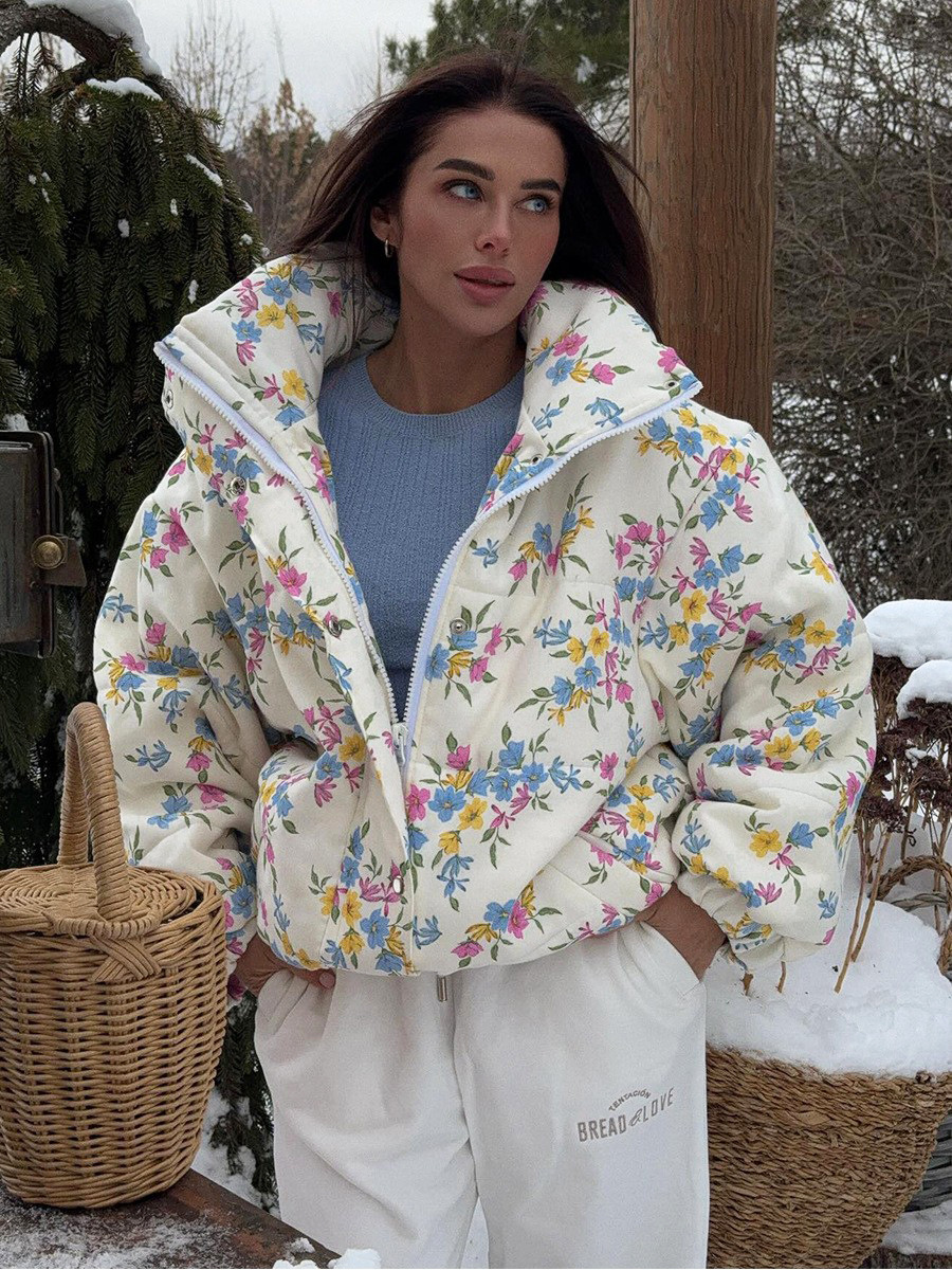 Women Puffer Down Jacket Coat Wolfeel New Women's Puffer Jacket Oversized Stand Up Collar Zipper Closure Floral Print Warm Cotton Filled Coat A