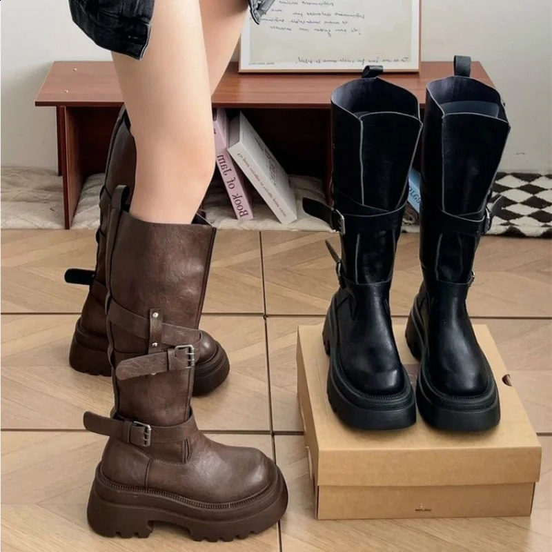 Autumn/Winter Brown-Black Leather Belt Buckle Over-the-Knee Boots-Retro Chunky Heel Height-Boosting Mid-Length Riding Boots 261013