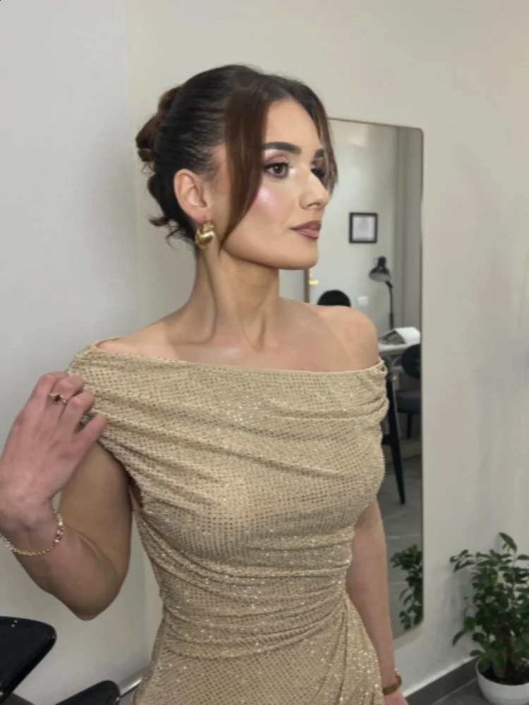Women's y Nude Sequin Mermaid Prom Dress Off-shoulder Ruched Sparkly Crystals Formal Party Gown Floor-length Evening Dress 261017