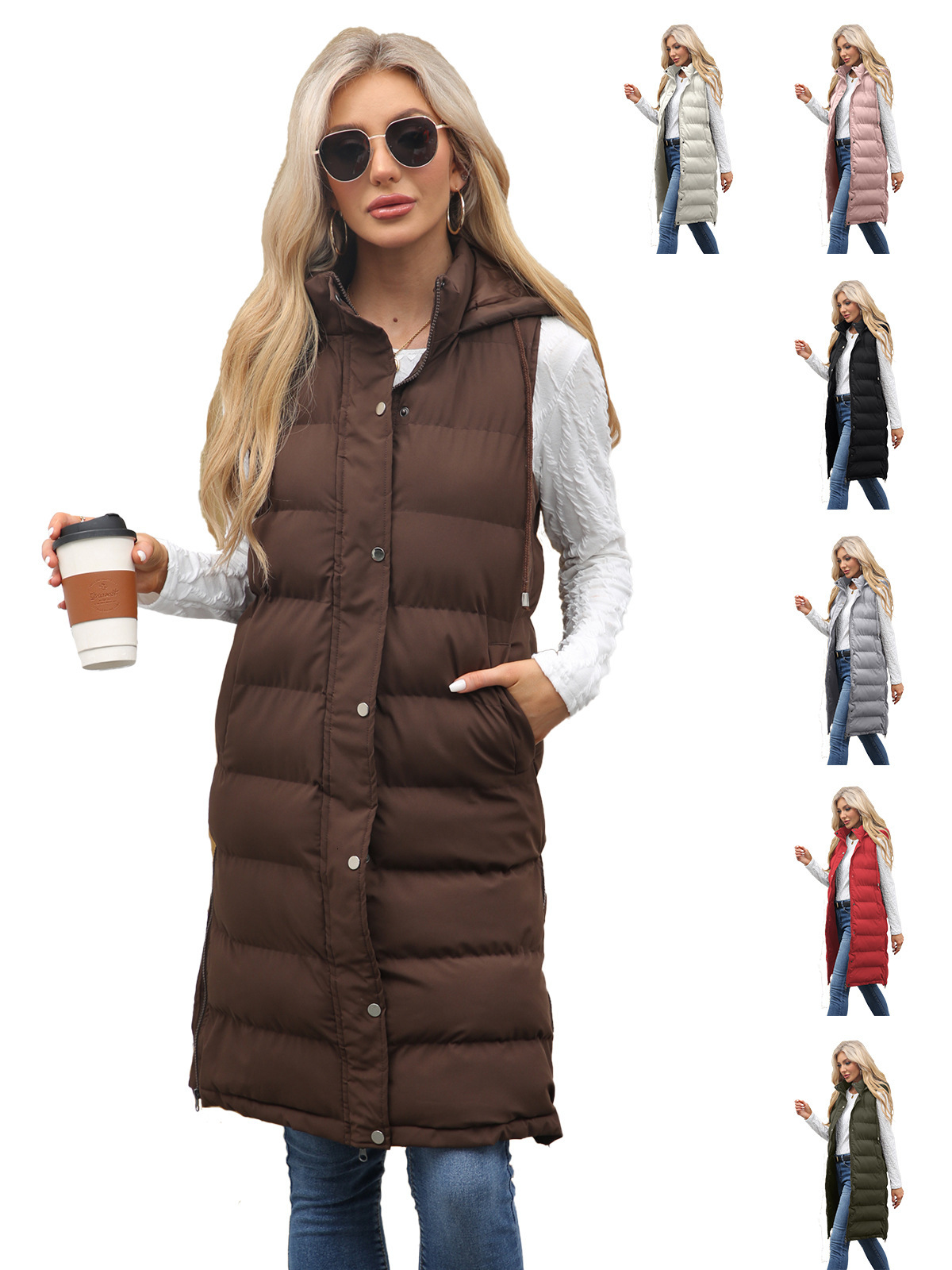 Autumn Winter New Hooded Sleeveless Vest Long Solid Color Zipper Padded Thickened Jacket Cross Border Women s Fashion MAKOUFEI