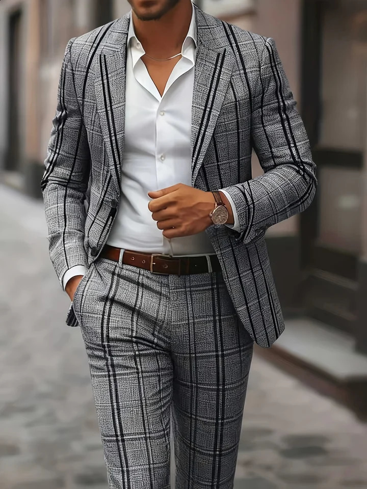 European American Style Mens Business Fashion High Quality Grey TwoPiece Suit Plaid Print Casual 261017