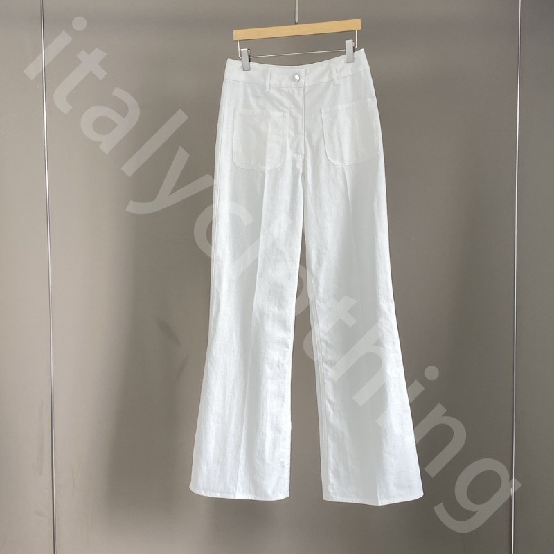 Luxury Womens Trousers Double-pocket Thin White Straight Casual Pants L1289