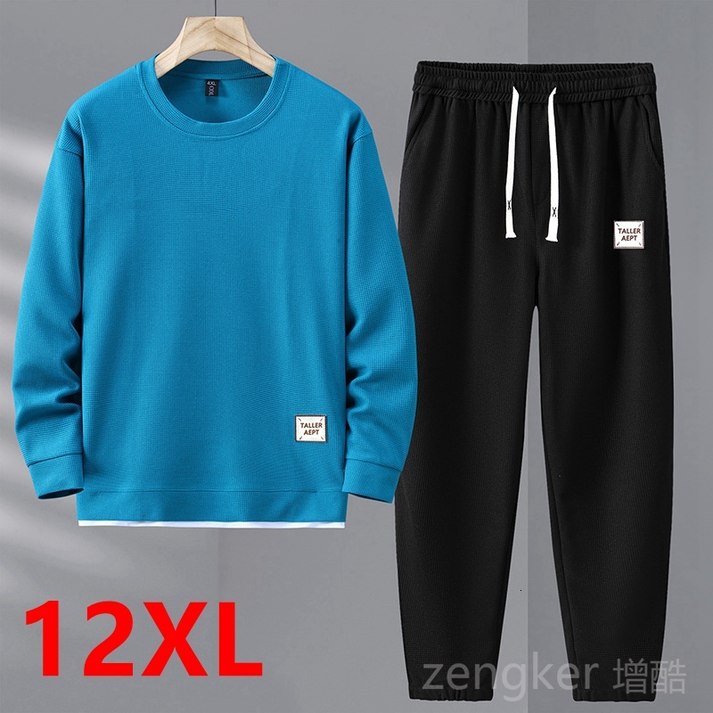 Plus size men's round neck sweater autumn new tide fake two-piece leisure hundred long-sleeved suit tracksuits 12XL 11XL 10XL