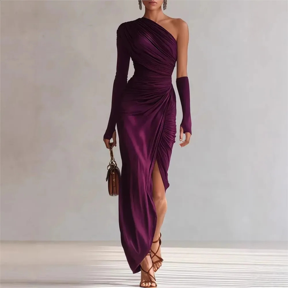 Elegant Evening Dress Spring Autumn Solid Color Slim Fashion Temperament Oblique Shoulder Pleated Waist Covering Hip Long Dress 261015