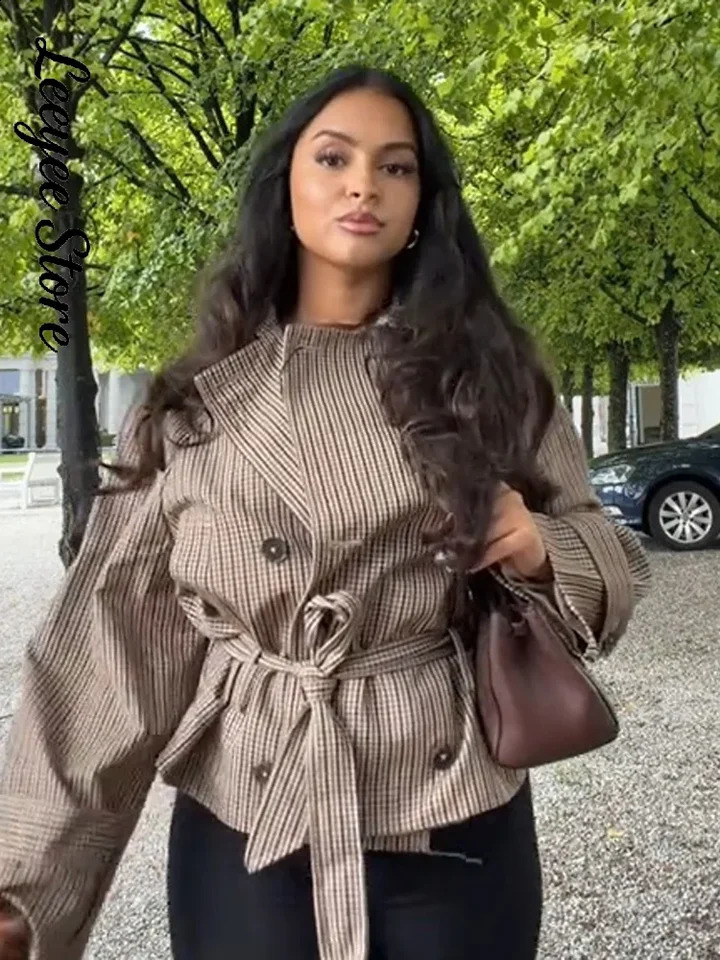 Women Short Trench Coat Jacket Plaid Lapel Double Breasted Belted Waist Loose Long Sleeve Checkered Cropped Lady Autumn 261017