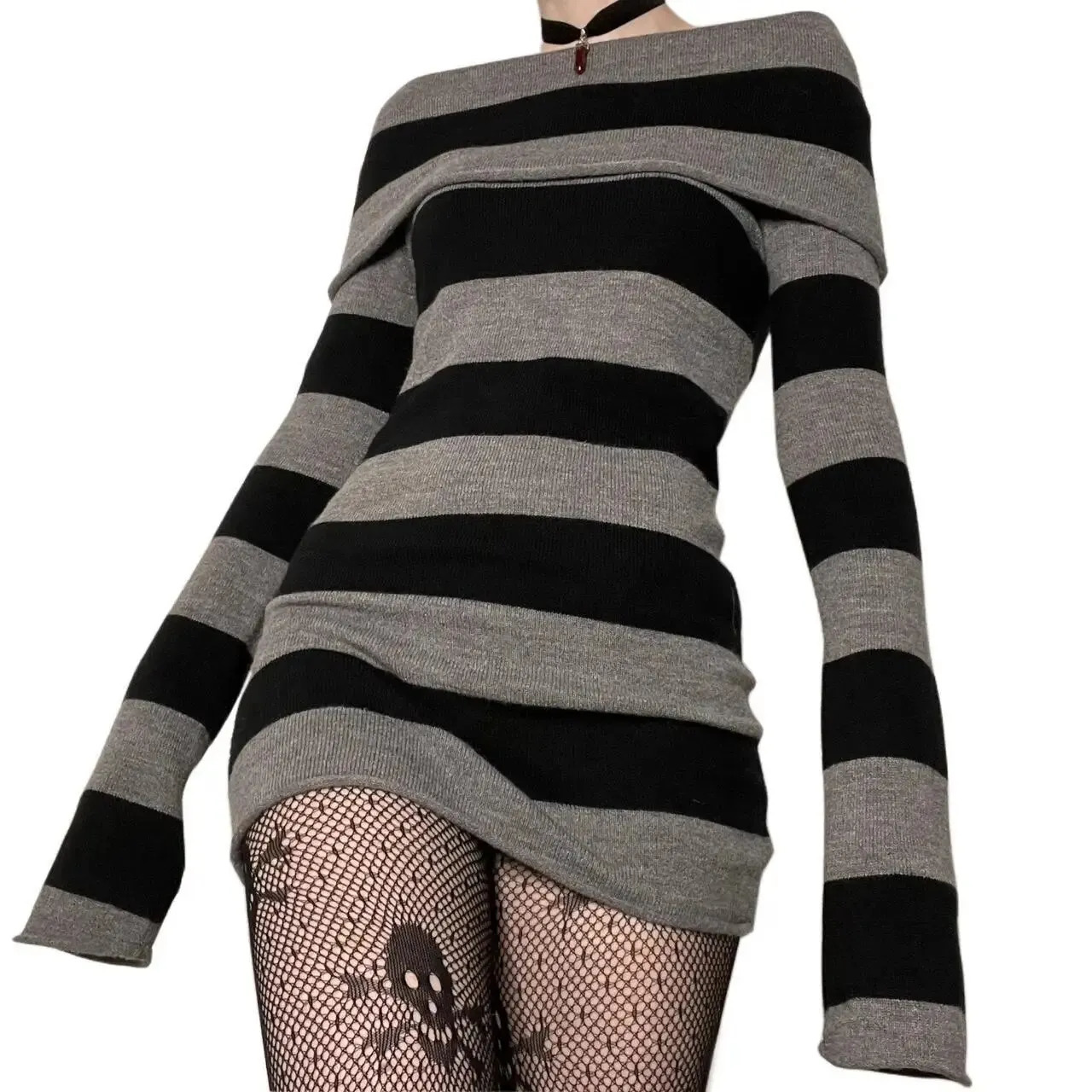 Women Striped Mini Bodycon Dress Stripe Boat-Neck Off Shoulder Long Sleeve Short Dress Spring Autumn Wrapped Hip Party Dress 261015