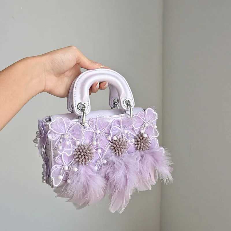 Evening Bags Sweet Flower Beaded Feather Lace Versatile Trendy Fashion Crossbody Handbag Small Square Bag H261016