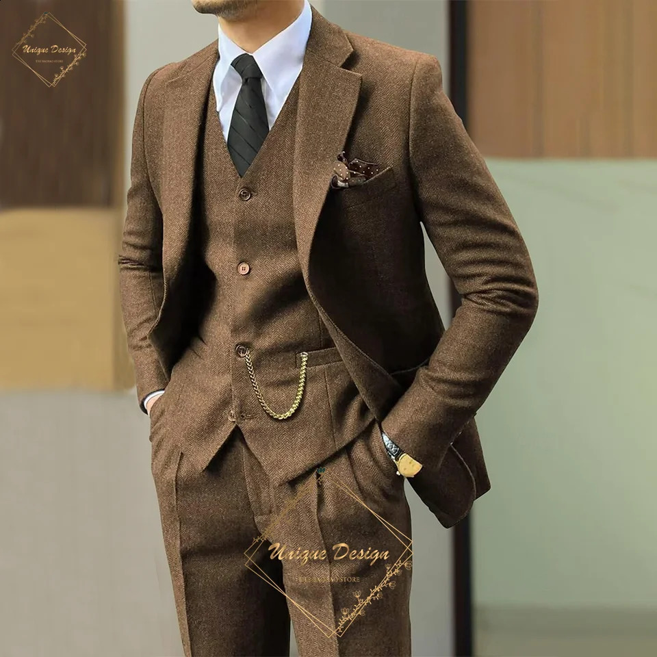 Premium Mens Suits 3 Piece Jacket Vest Pants Brown Wedding Tweed Herringbone Retro Vintage Tailored Fit Single Breasted Tuxedo 261017