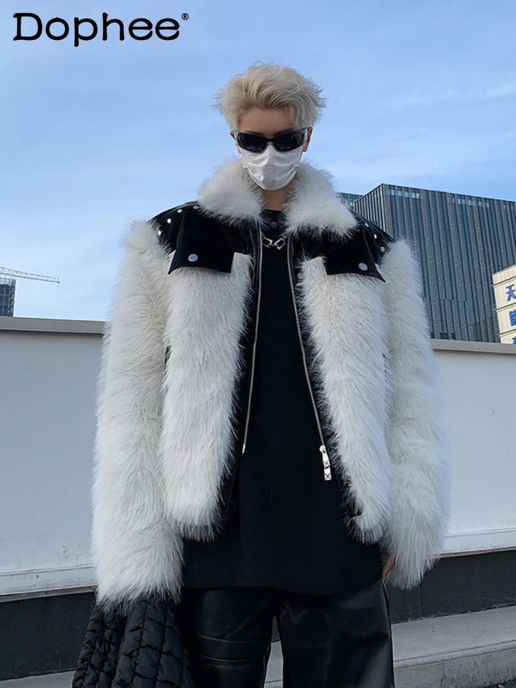 Men's 2024 Winter Trendy Lapel Rivets Bright Leather Splicing White Fur Tops Locomotive Faux Jackets 261012