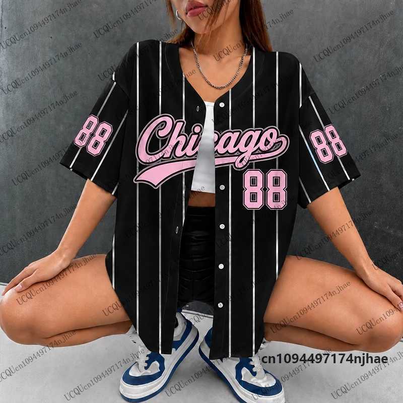 T-Shirts Summer New Pink Men's Chicago No.88 Stripe Print Streetwear Baseball Shirt For Women Men Hip Hop Blouse Short Sleeve Button Up TopsW26