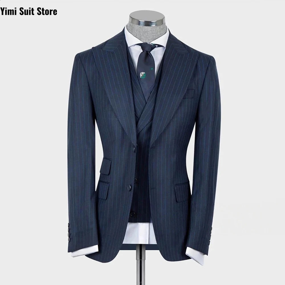 Navy Blue Pinstripe Men Suits 3 Pieces Regular Fit Peaked Lapel Formal Business Office Blazer Sets JacketVestPants Customized 261017