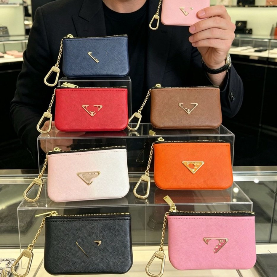 Designer Keychain Brand Triangle Key Bag Luxury Quality Leather Zero Wallet Zipper Card Bag Storage Universal keychain wallet