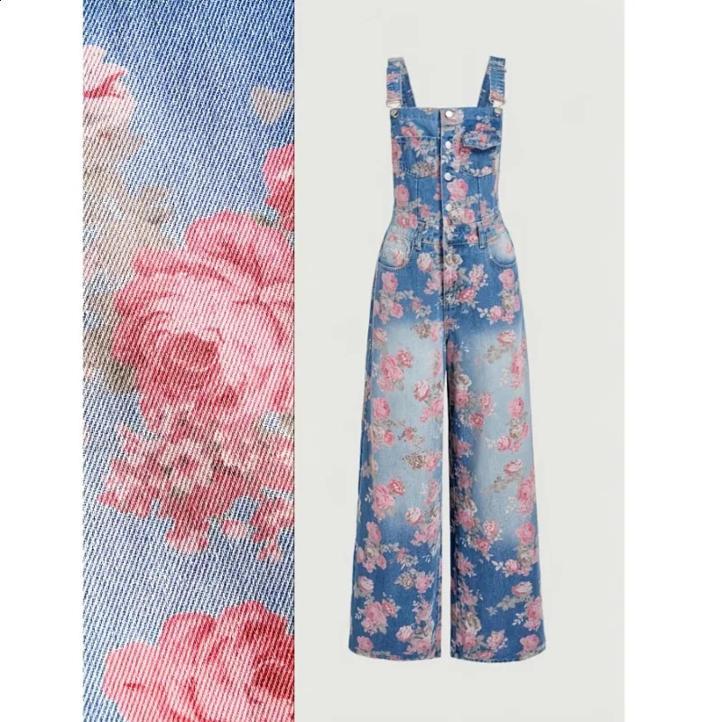 Vintage Washed Floral Print Denim Overalls For Women Adjustable Strap Wide Leg Elegant Daily Fashion Jumpsuit 261015