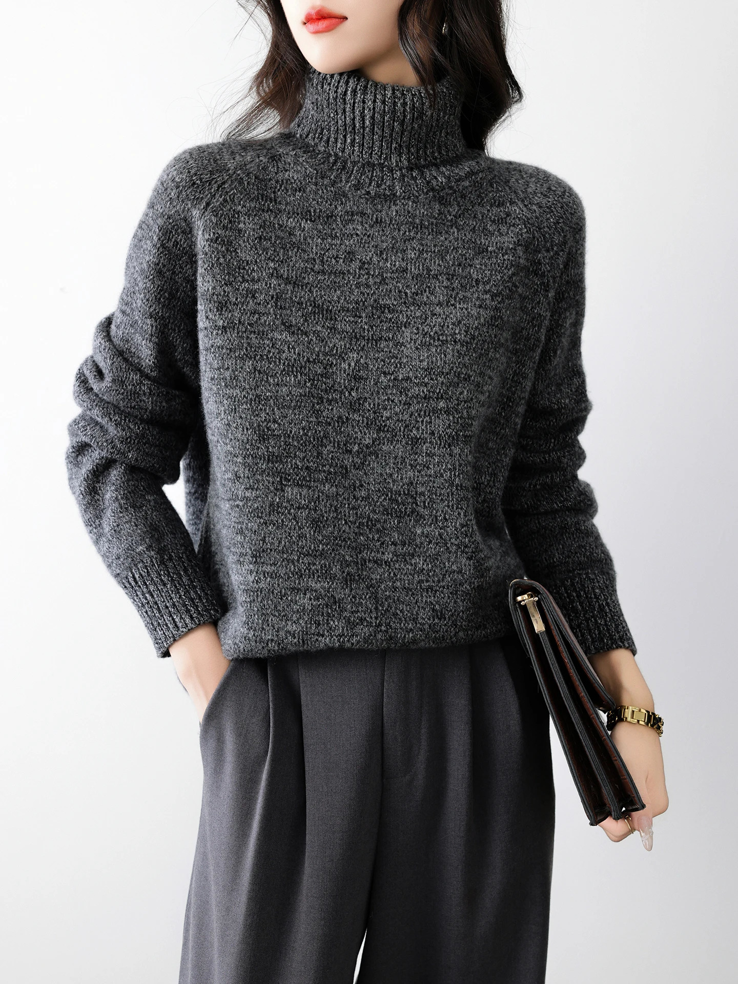 Woman Autumn Winter 100 Merino Wool Sweater Turtleneck Cardigan Cashmere Knitwear Raglan Long Sleeve Warm Clothing 261008
