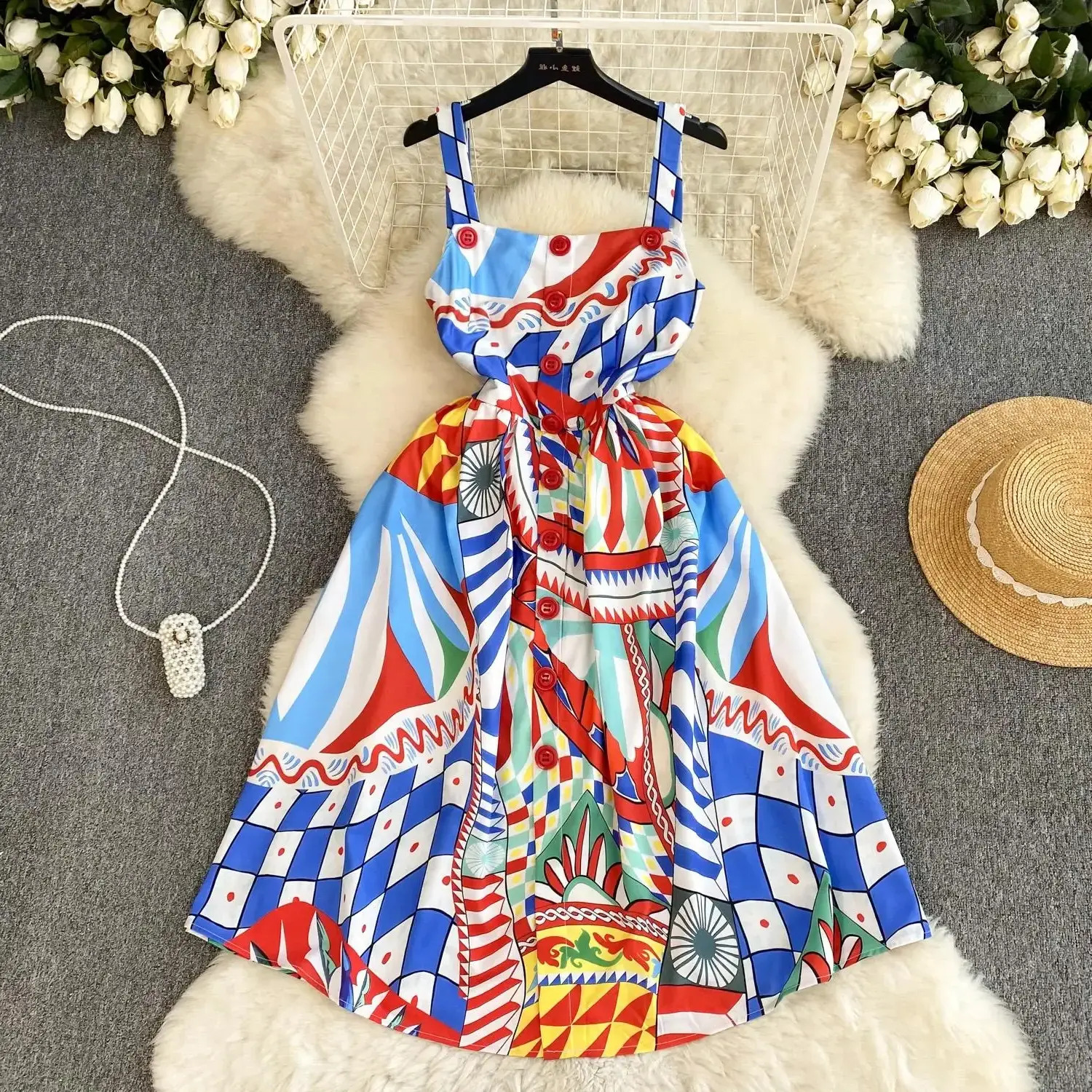 Women Casual Dress Women Basic Casual Dresses Summer Buttons Spaghetti Strap Midi everyday Dress Runway Womens Slash Neck Colorblock Print Sleeveles