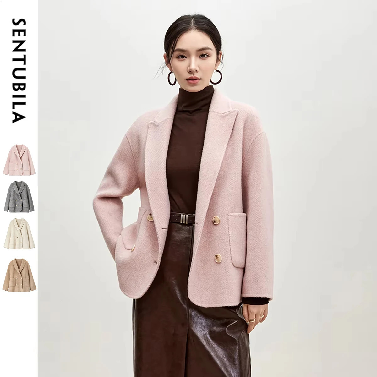 SENTUBILA Winter Woolen Coat Women 2026 Fashion Korean Style Double Breasted Pockets Wool Jackets Female Outerwear W44O56003 261016