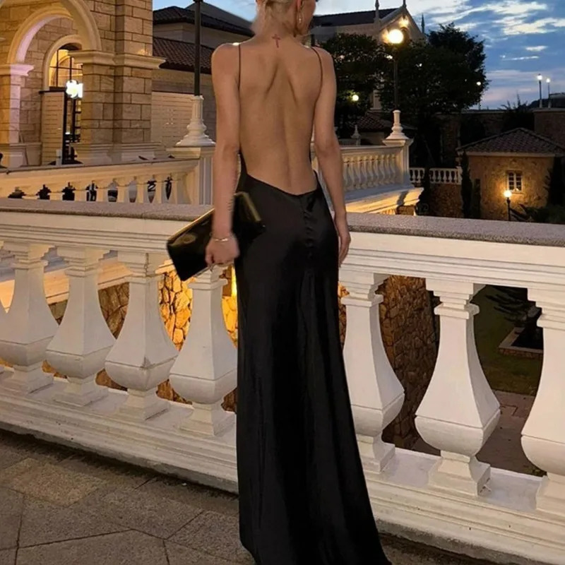 Women Black Mermaid Cami Maxi Dress 2026 European Summer Sexy Deep V Large Open Back Elegant Formal Evening Party Gown 261015