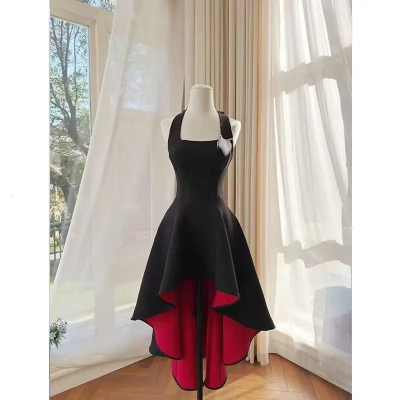 Summer Women's High-End Black Classic Color-Contrast Charming Party Banquet Goddess Style Waist-Cinching Asymmetric Dress 261015