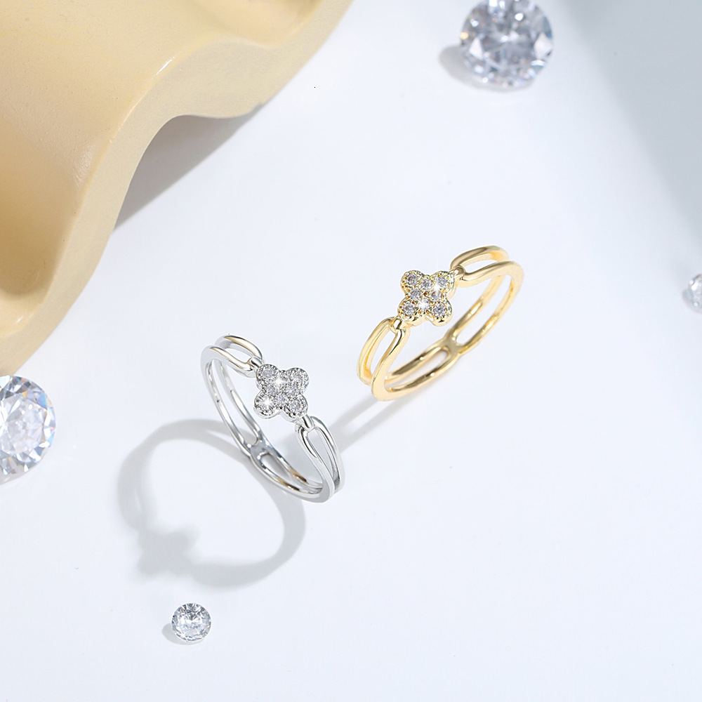 V brand ring Cross-border fashion four-leaf clover micro-inlaid zircon ring, brass plated with 14K gold, stylish, exquisite, unique, versatile index