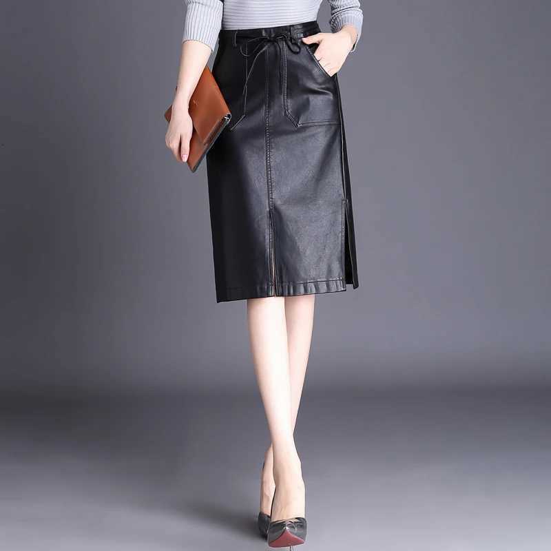 PU Skirts ZUZK Leather Women Bodycon Skirts Spring Autumn Slit High Waist Office Lady Straight Skirt Pocket Lace Up Knee-Length Skirt W261017