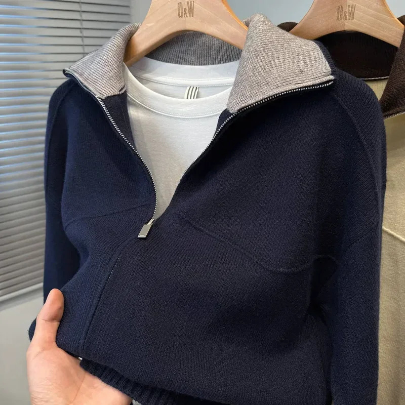 Color Block Collar Cardigan Men's Knitwear Korean Style Loose Autumn Winter Thickened Sweater Jacket Sports Outer Wear Trendy 261012