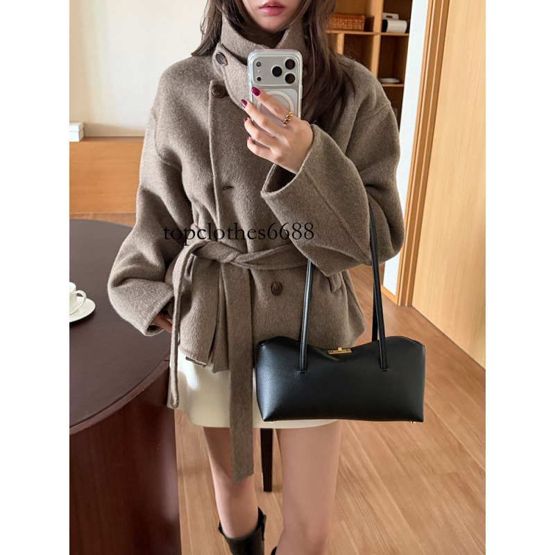 BGTEEVER Vintage Cropped Woolen and Blended Coat for Women, Thicken Stand Collar Double-breasted Belted Jacket Autumn Winter