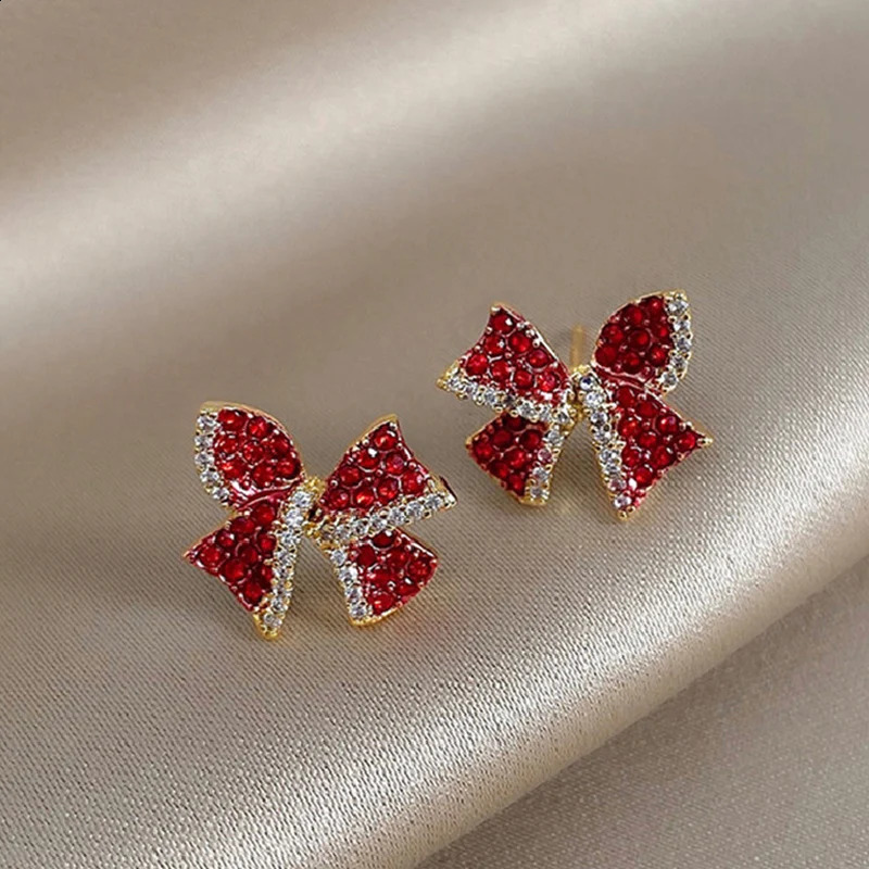 Christmas Red Zircon Crystal Bow Stud Earrings For Women Heart Shape Bowknot Christmas Earring Year Festival Jewelry261016