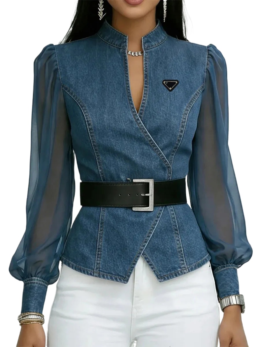Women Wrap V Neck Denim Blouse Sheer Puff Mesh Sleeve Stand Collar Belt Slim Shirt Badge Patch Irregular Hem Casual Office Autumn Denim Tops