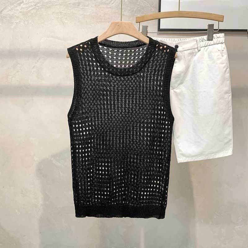 Vests Sleeveless Vest Men Men's Summer New Korean Thin Casual Loose Solid O-neck Pullover Tops Fashion Versatile Black Knit Hollow Out CoatW261