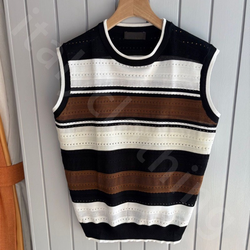 Luxury Mens Vest Hollow Contrast Stripe Casual Round Neck Sleeveless Vest T-shirt L1289
