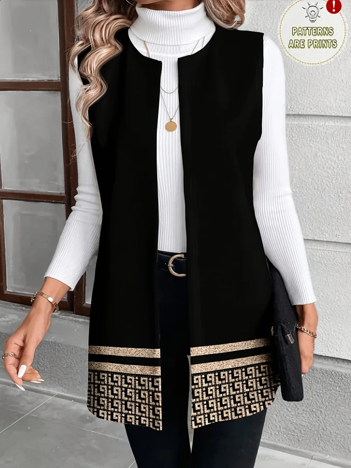 Plus Size Women Geometric Gradient Vest Fall Winter Open Front Sleeveless Longline Cardigan Coat Casual Outerwear 261016